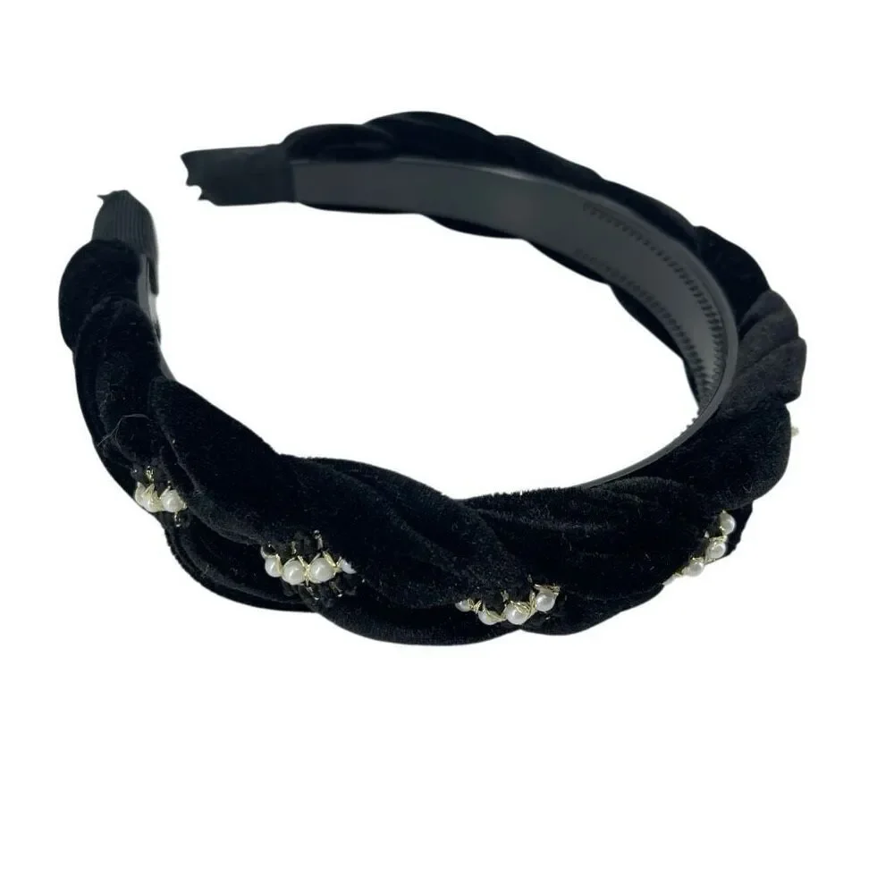 Black Velvet Pearl Headband Padded Knot Braided Coquette Glam Hair Accessory